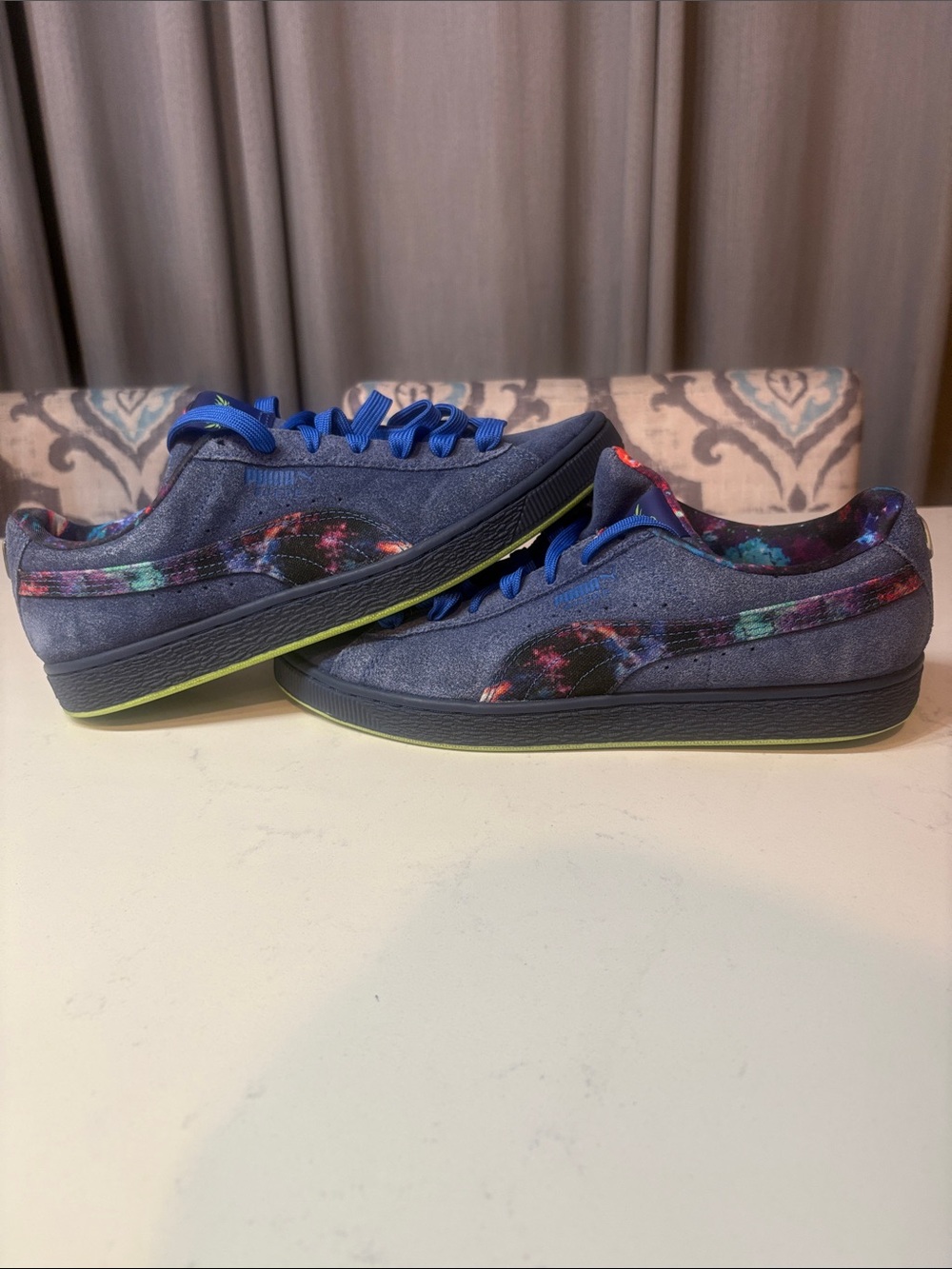 Puma Men's Navy Suede Low-Top Sneakers with Neon Lime and Multicolor Accents